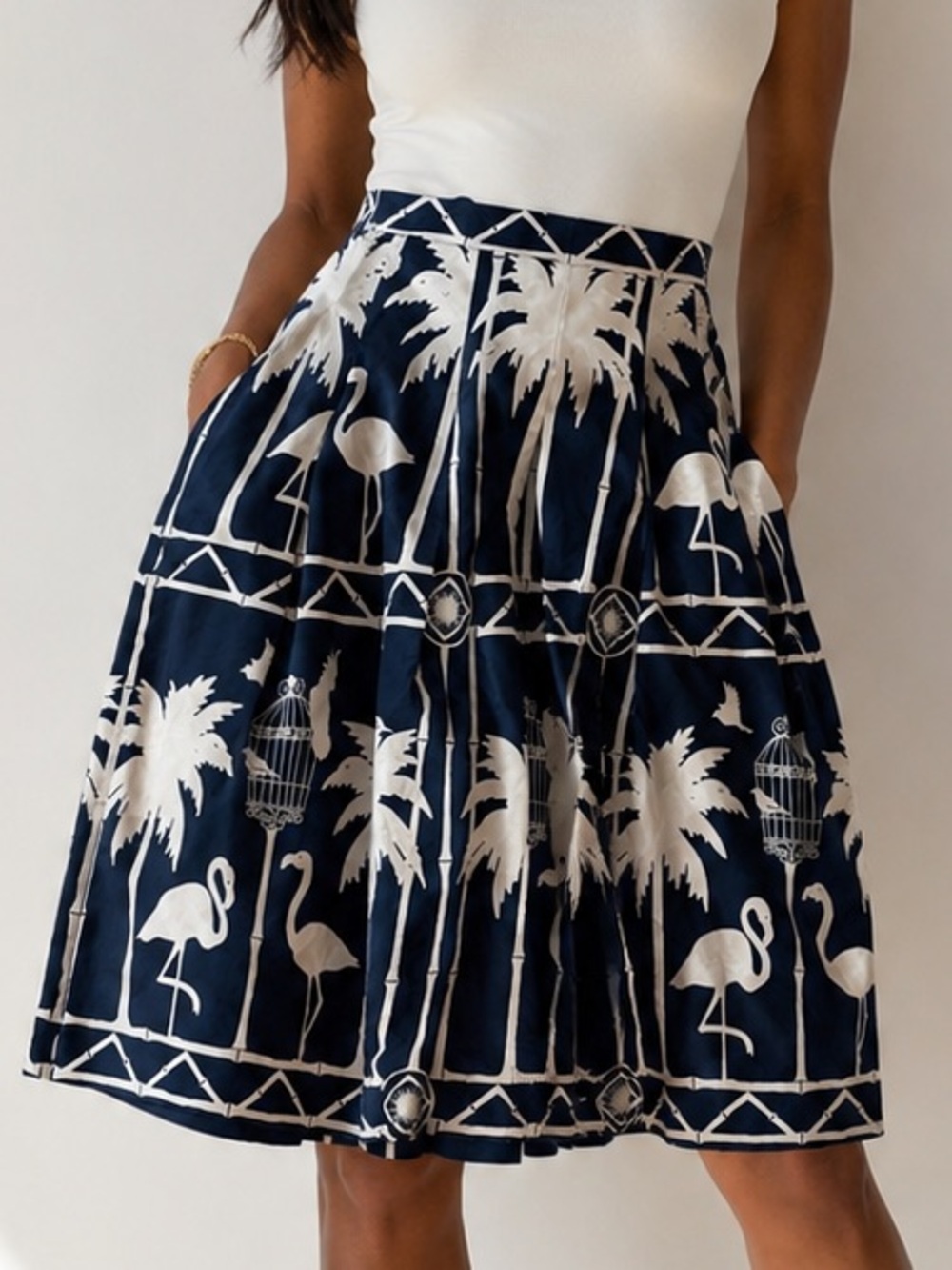 Womens Navy & Cream Palm Tree Flamingo A-Line Skirt
